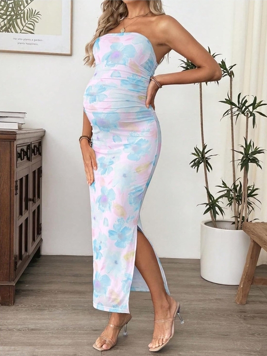 Dresses & Skirts - Strapless Pastel Floral Maternity Maxi Dress